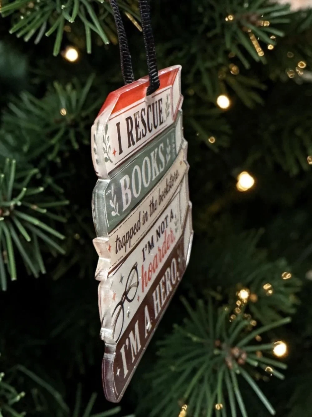 Book Lover Christmas Ornament Book Stack Bookish Reader Bibliophile Acrylic